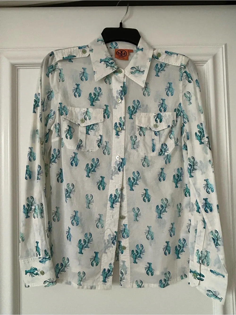 ⛵️⛴️🦞🦞🦞Tory Burch White Shirt with Teal Lobster Print🦞🦞⛵️